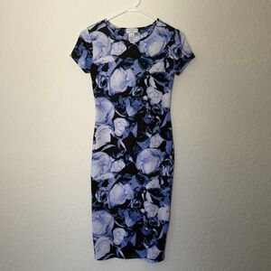 Carmen Marc Valvo Blue Floral Sheath Dress Size Small Roses Knit Stretchy Y2K